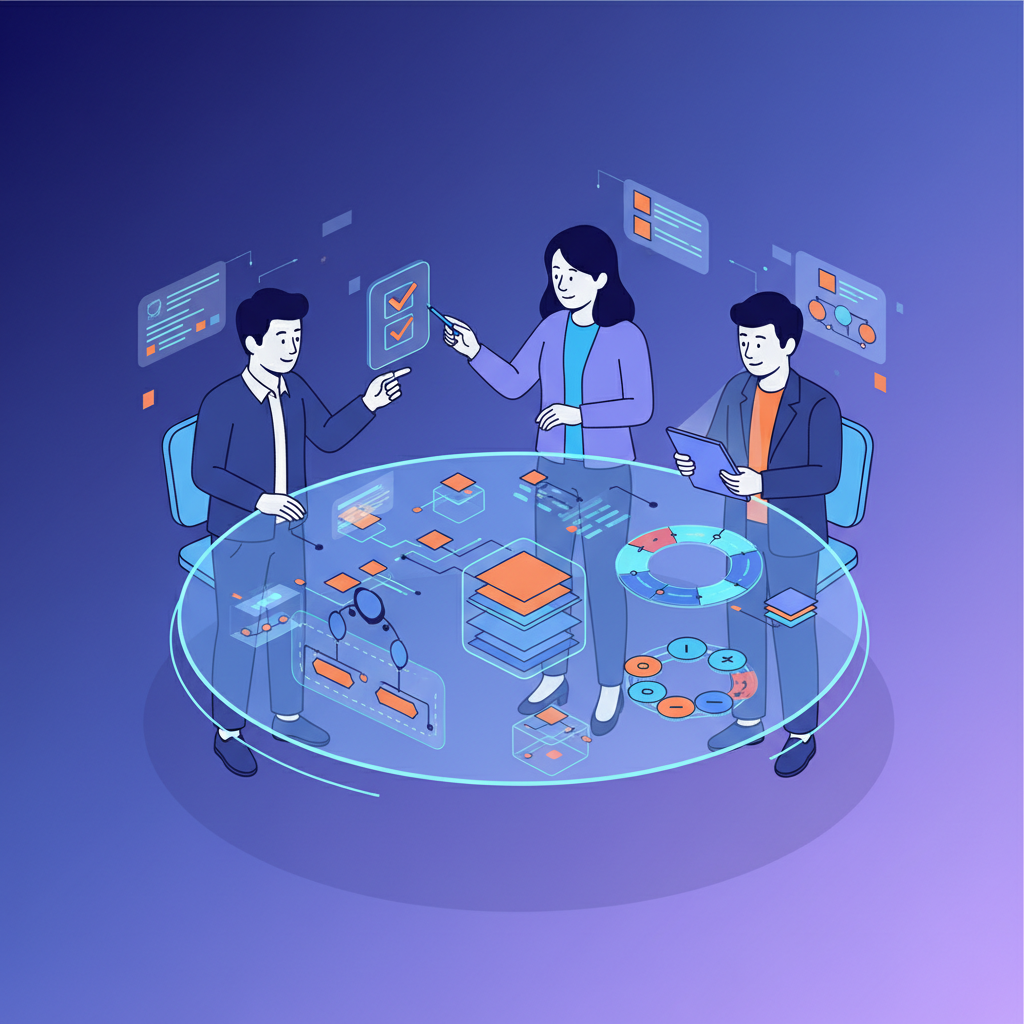 A team of AI data experts meticulously reviewing complex criteria and guidelines, clean infographic style, high contrast, modern layout, gradient background, Korean appearance, no text