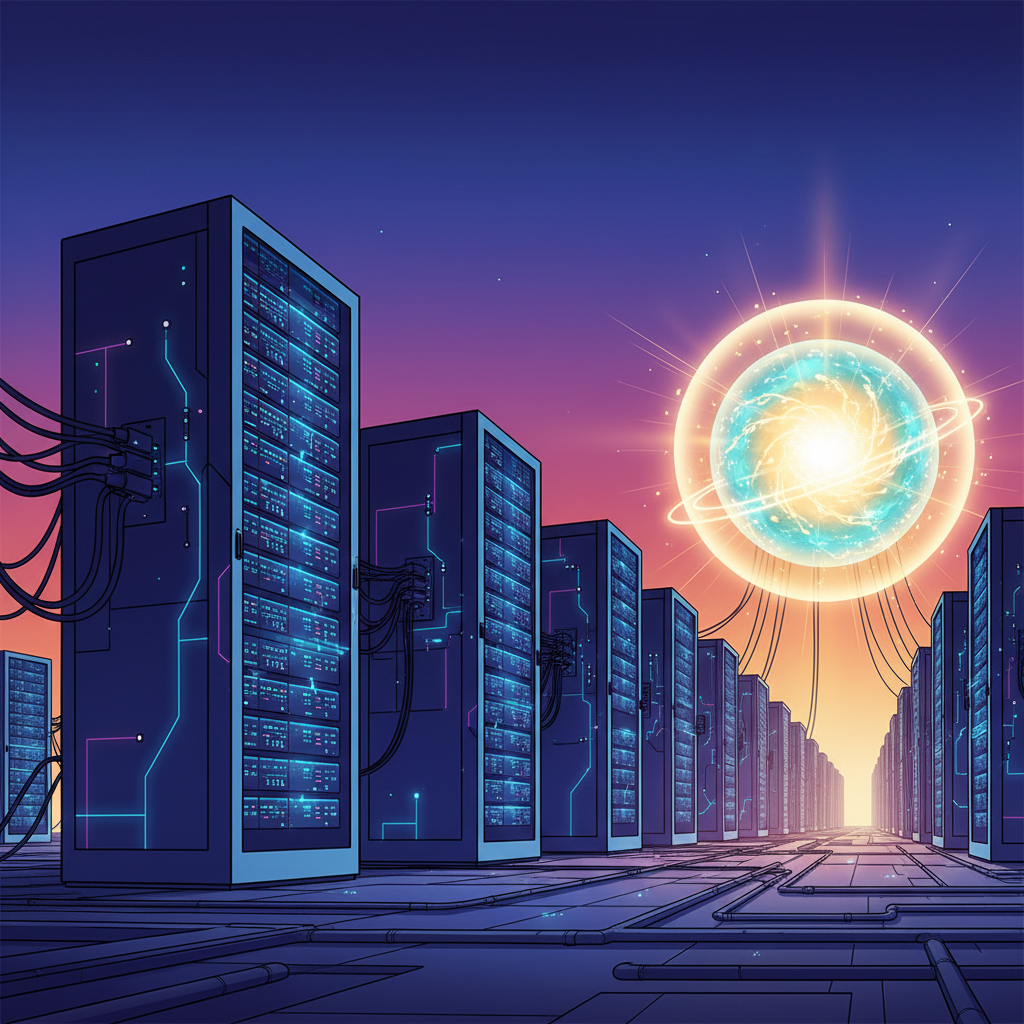 An illustration depicting massive AI data centers consuming huge amounts of energy, with a glowing nuclear fusion reactor providing clean power in the background, modern layout, gradient background, no text