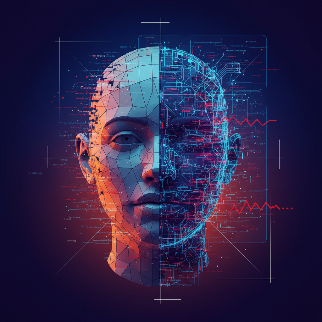 A clean infographic showing a distorted human face merging with a digital interface, representing AI deepfake spreading misinformation. High contrast, modern layout, colored background. No visible text.