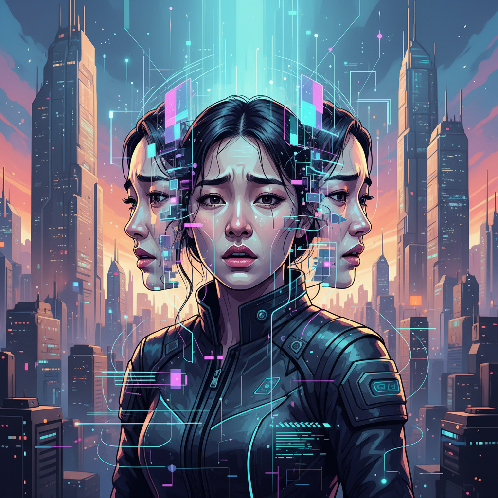 A Korean woman influencer looking distressed while an abstract, glowing AI interface hovers around her likeness. The background is a vibrant, futuristic cityscape with soft gradients. Style: modern illustration, high contrast, clean infographic feel. No text, centered focus.