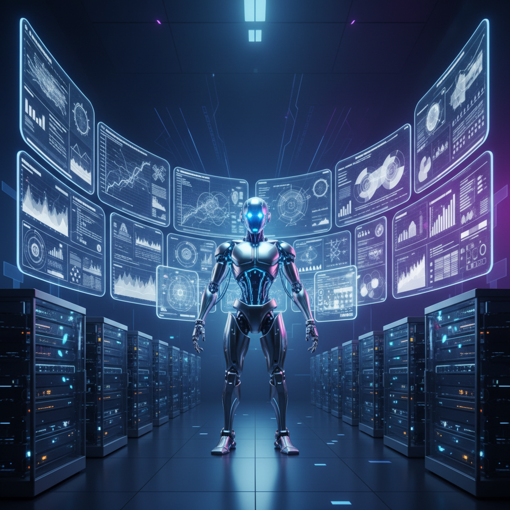 A futuristic AI robot meticulously analyzing complex data on multiple screens in a server room, with glowing interfaces and intricate details, clean infographic style, high contrast, dark blue and purple gradient background, no text