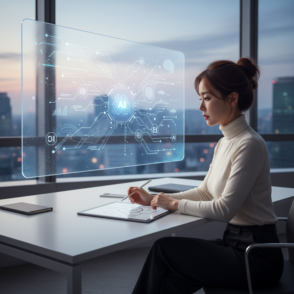 A Korean marketer thoughtfully planning a digital strategy, with subtle AI-related visuals on a screen or holographic interface in the background, clean infographic style, modern layout, no text.