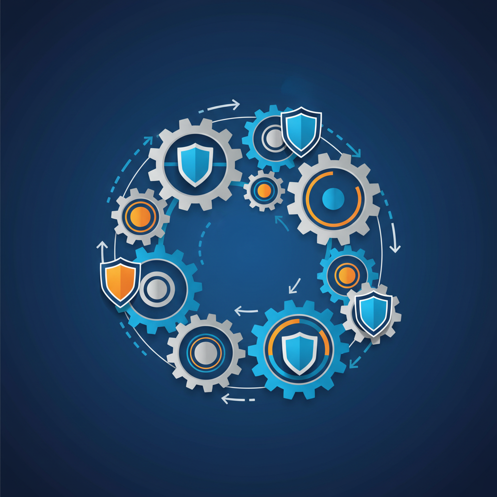 Clean infographic showing interconnected gears and shields representing AI model audits and enhanced safety measures, modern layout, high contrast, colored background, no text