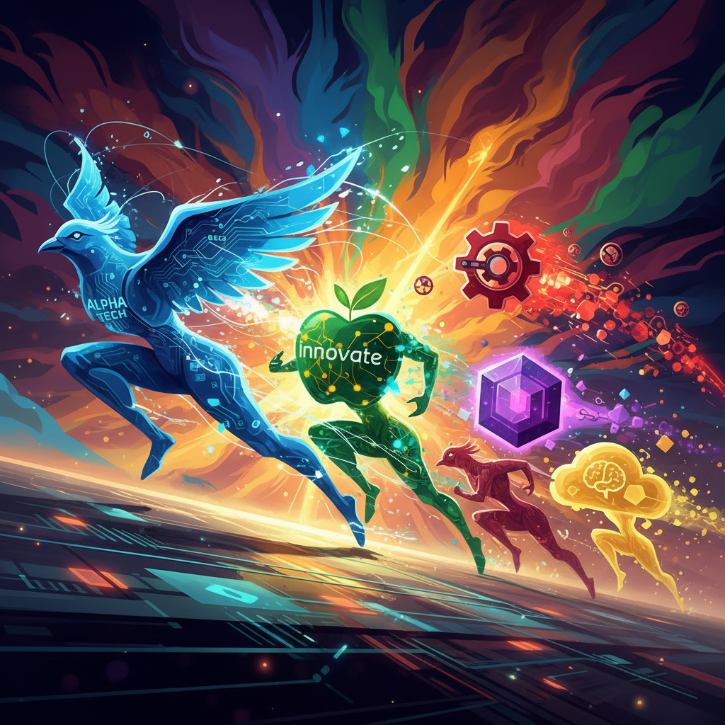 Stylized representation of multiple tech companies (symbolic logos or abstract figures) in a race to develop AI models, showing innovation and competition, dynamic colored background, no text.