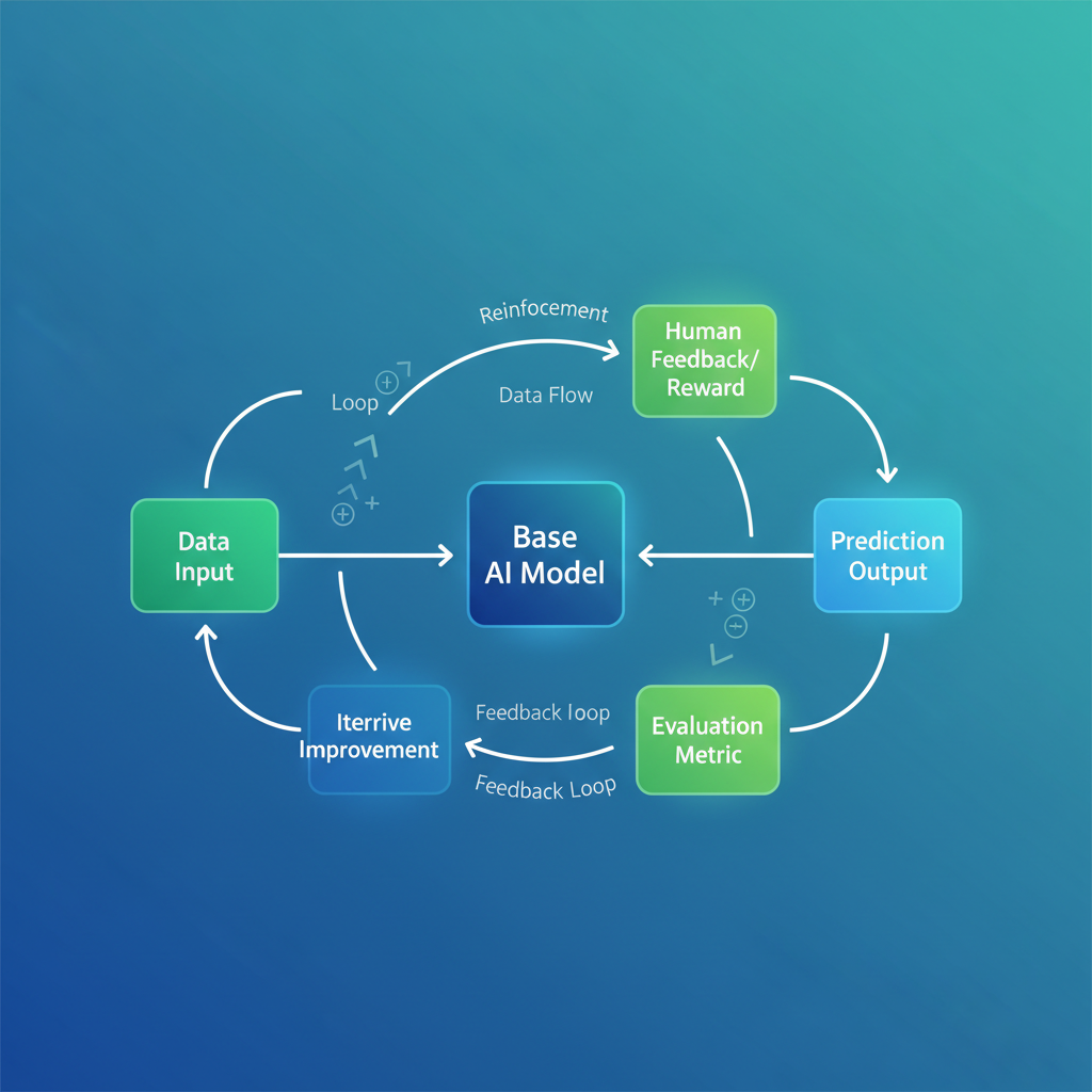 A clean infographic illustrating the concept of AI model fine-tuning with a flow of data and feedback loops. Emphasize "reinforcement" with subtle arrows and positive feedback symbols. Style: modern, high contrast, vibrant blue and green gradient background. No text. Centered, balanced lighting.