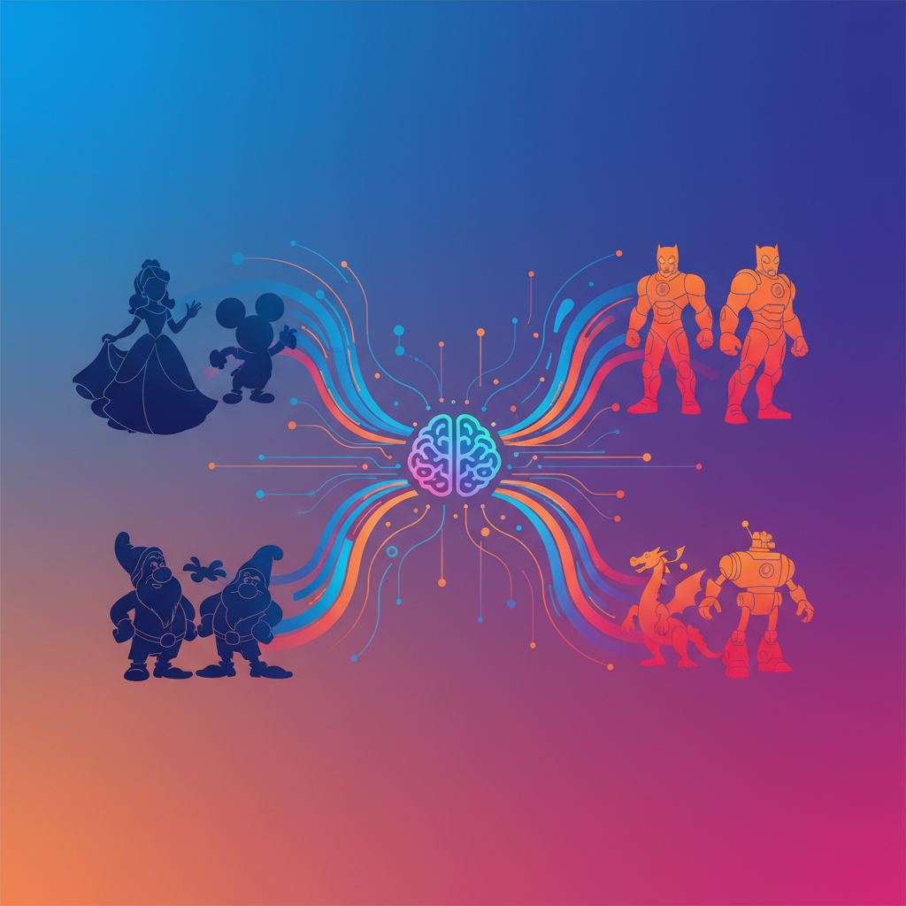 Abstract representation of Google's AI models (like Gemini) generating stylized, silhouette-like characters resembling Disney figures, clean infographic style, vibrant gradient background, no text.