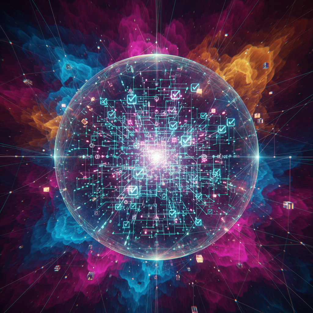 A visual metaphor of an AI model learning through a complex "rubric" or checklist, stylized as an intricate, glowing network within a vibrant, textured background, no text, 1:1 aspect ratio