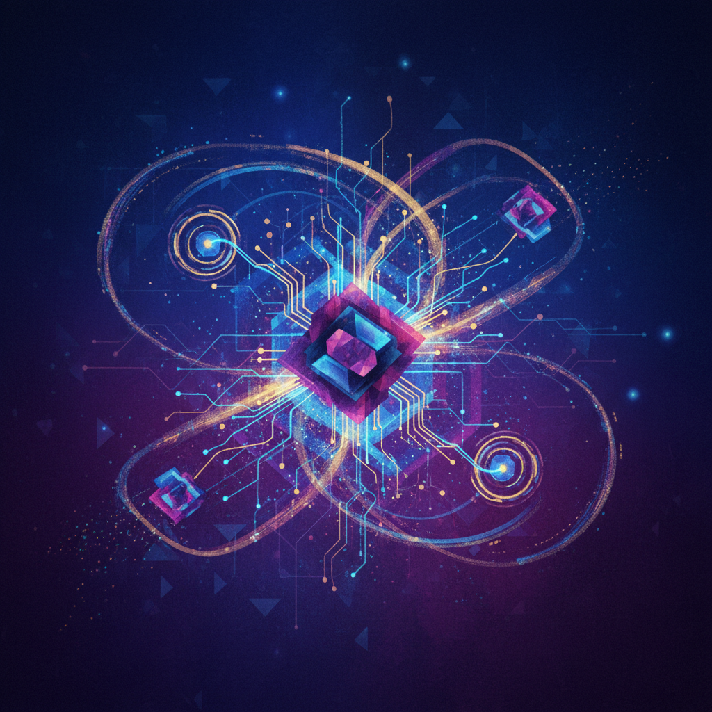 A dynamic, abstract representation of interconnected AI models and data flow, suggesting innovation and collaboration. The visual incorporates elements of neural networks and glowing digital pathways, set against a deep blue and purple gradient background, centered focus, visually rich, no text, 4:3 aspect ratio, illustration, artistic rendering, textured background