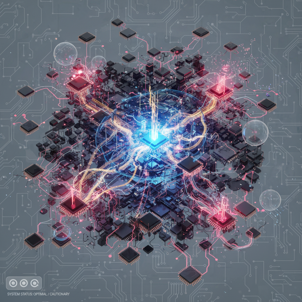 An abstract representation of a complex, interconnected network of chips and data streams, symbolizing the AI semiconductor industry. Some nodes are brightly glowing, while others show slight tension, hinting at market dynamics and potential bubbles. The background has a subtle futuristic circuit pattern. Centered focus, visually rich, no empty margins, No visible text in image. If UI elements needed, English-only minimal text. Style: clean infographic, modern layout, high contrast.