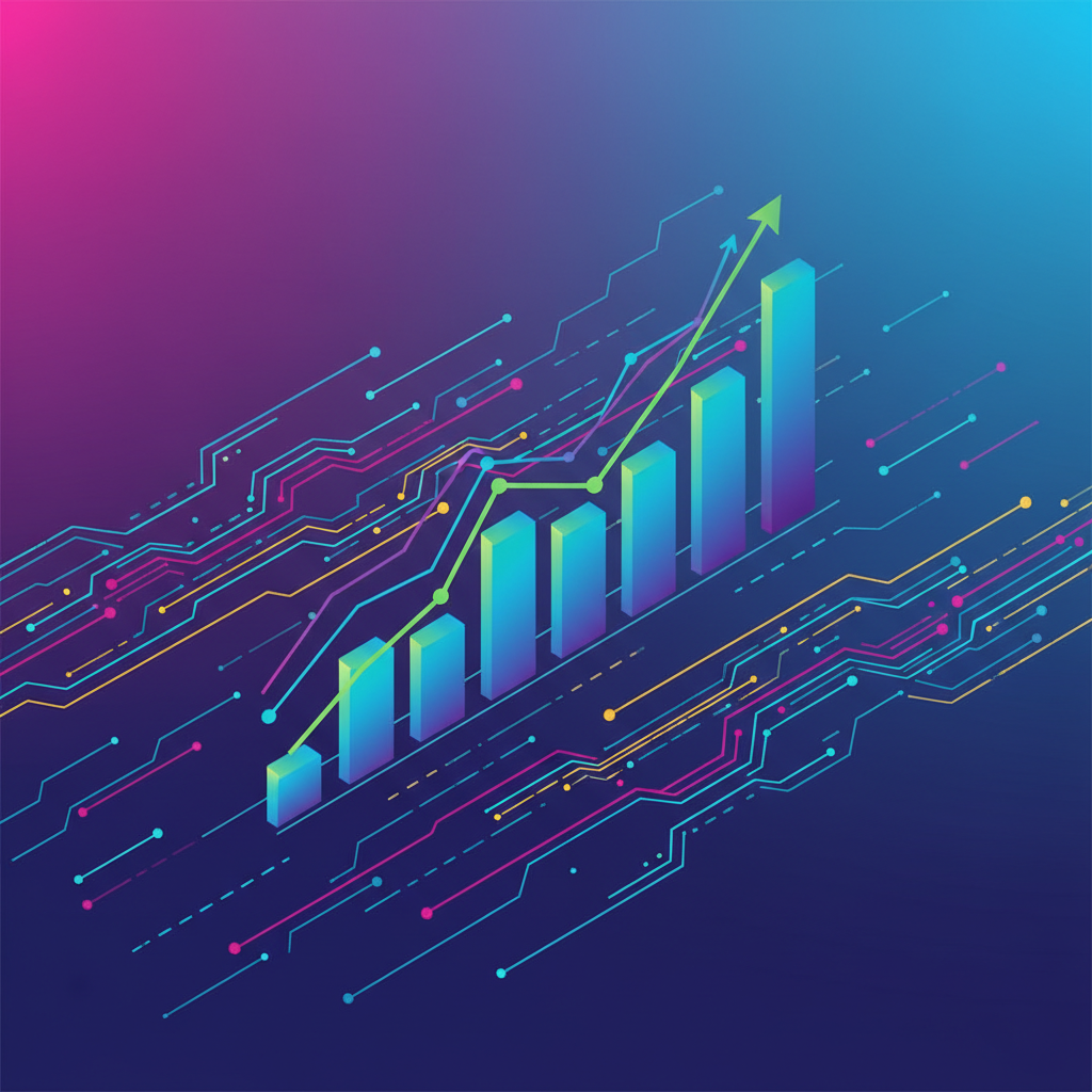 A dynamic clean infographic showing rapidly growing investment charts for AI companies, with flowing digital data lines, modern layout, high contrast, colored gradient background, no text, 4:3 aspect ratio