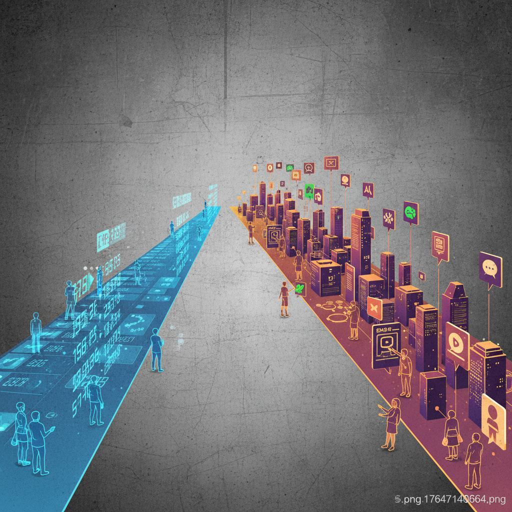 An infographic illustrating two diverging paths. One path is a leaderboard with numbers, looking less significant. The other path leads to a bustling cityscape with diverse applications, representing "real-world utility." The style is modern with a high-contrast textured background. No text, Korean appearance for minimal human elements, if any.