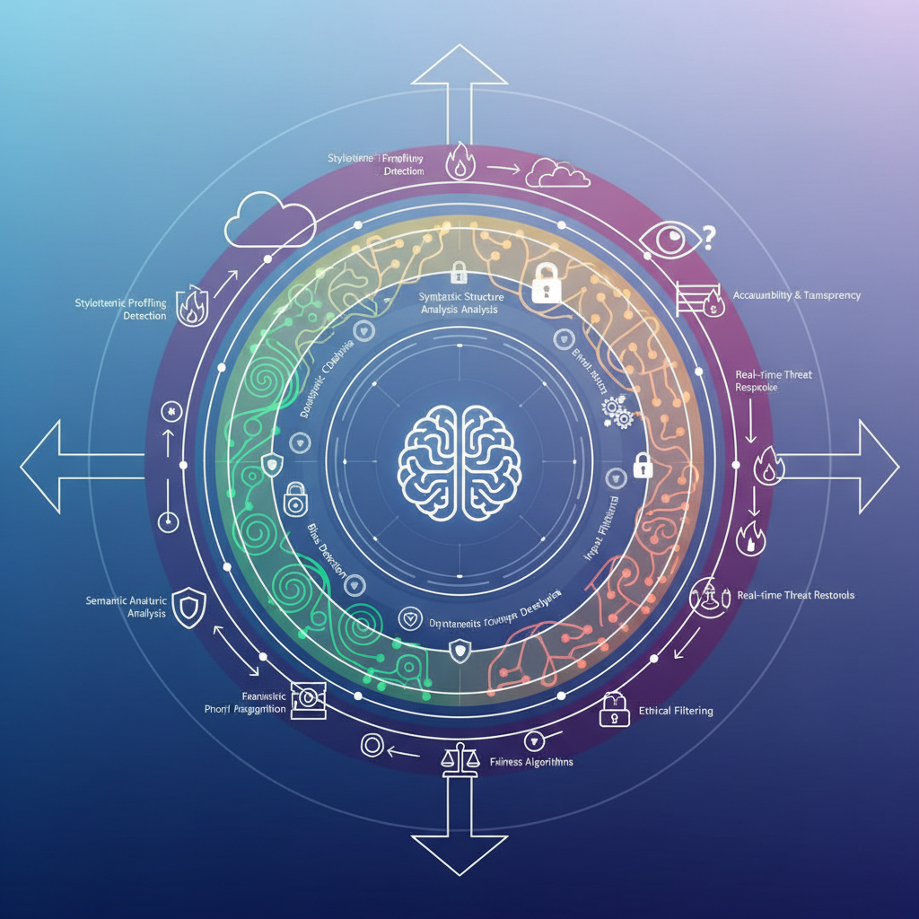 An infographic depicting multiple layers of security surrounding an AI system, with various linguistic patterns being analyzed at different levels. Emphasize ethical considerations and robust defense mechanisms. Clean infographic, modern layout, high contrast, gradient background. No visible text.