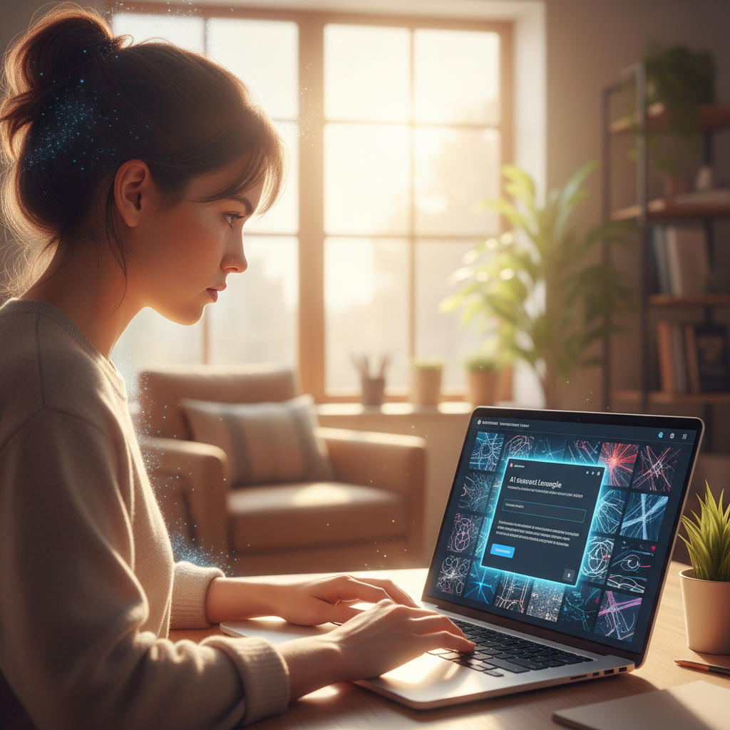 A person deeply focused on typing on a computer, with an AI browser interface visible on screen, showing complex prompt examples. The user's expression is serious and thoughtful, surrounded by a subtle aura of concentration. Style: lifestyle photography, warm lighting, natural setting. Background: soft blurred office environment. No text.