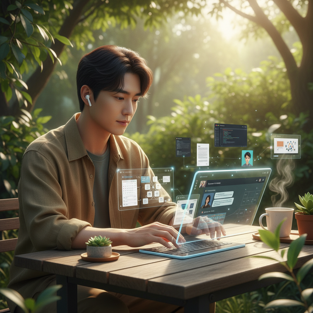 A person efficiently multitasking using an AI browser, split-screen view with various tasks and AI chatbot interactions, warm lighting, natural setting, Korean appearance, no text