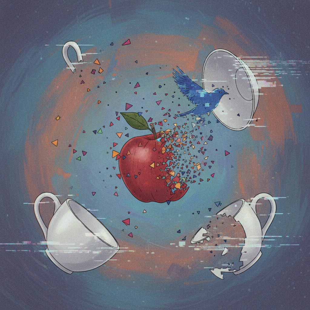 An abstract, slightly glitchy image representing the current limitations of AI video generation, particularly object permanence. The visual should convey a sense of slight imperfection or a fleeting moment. Style: illustration, artistic rendering, textured background. No visible text. Centered focus, visually rich, no empty margins