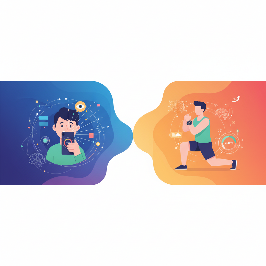 A clean infographic illustrating a Korean person using a smartphone for visual assistance (representing Be My Eyes app), with AI symbols around them. Next to it, another Korean person is exercising while wearing an Apple Watch, displaying fitness data enhanced by AI insights (representing Strava app). The background is a dynamic, colored gradient. No text.
