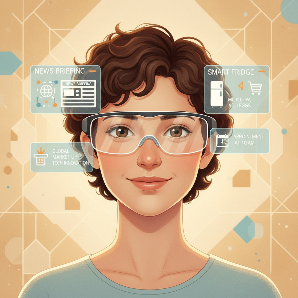 A bright and clean illustration of a person wearing smart glasses, with AI elements showing tasks like news briefing and smart fridge notification, warm lighting, textured background, no text