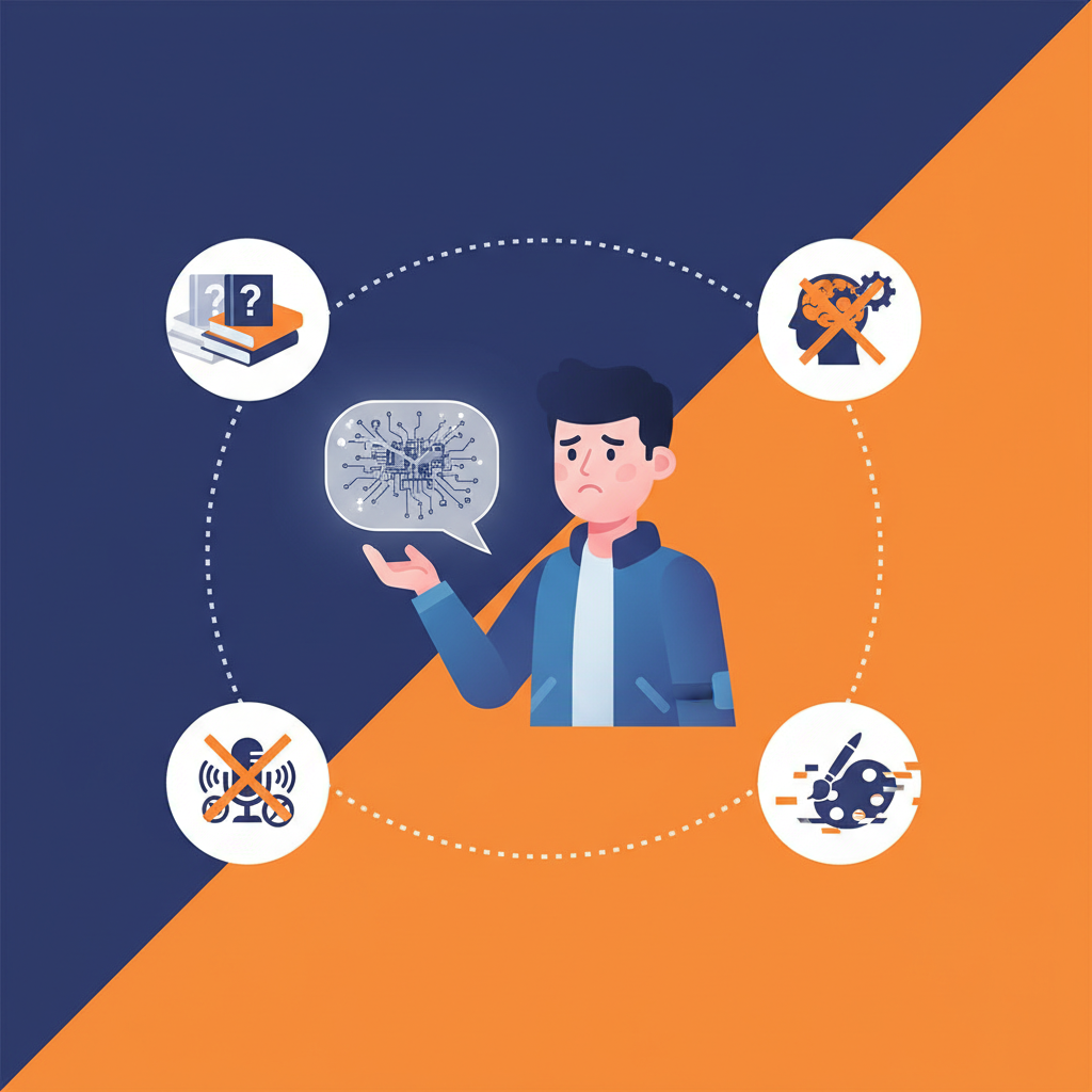 A clean infographic illustrating the limitations of AI assistants, featuring a Korean person with a slightly disappointed expression, modern layout, high contrast, colored background, no text, 1:1 aspect ratio