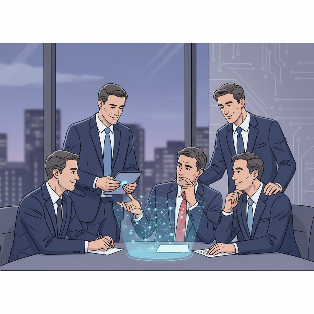 A professional illustration depicting figures in suits, representing AI industry lobbyists, interacting with politicians in a subtly influential way within a modern, muted office environment, textured background, no text.
