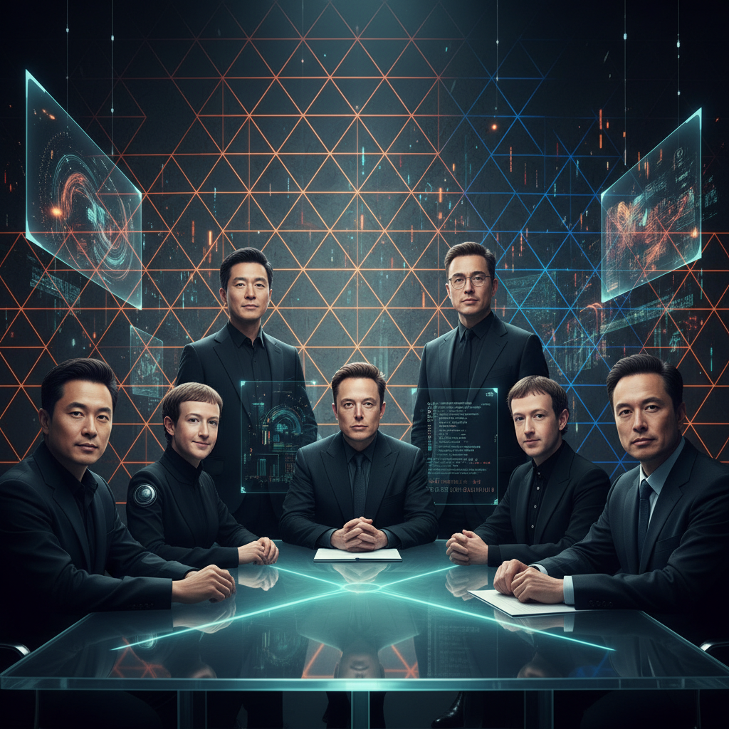 A group of prominent tech CEOs (representing Jensen Huang, Elon Musk, Sam Altman, Mark Zuckerberg, Lisa Su, Demis Hassabis, Fei-Fei Li, Dario Amodei, all with Korean appearance) in a modern, collaborative setting, surrounded by subtle glowing digital patterns, high contrast, clean infographic style, textured background, no visible text.