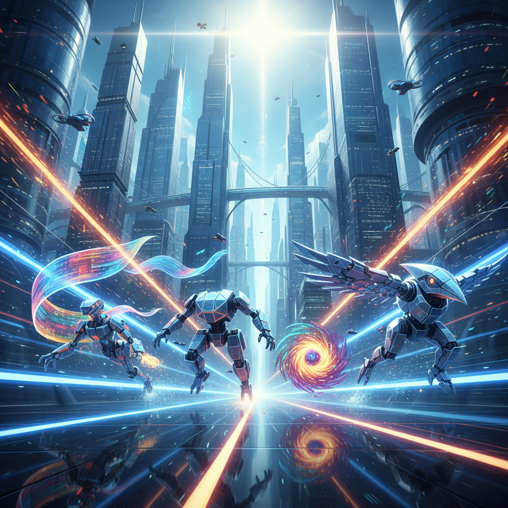 An energetic, dynamic illustration of various competing AI models, represented by distinct, stylized digital entities racing against each other. Focus on speed and innovation, with a futuristic city background. Bright lighting, vibrant colors. No visible text.
