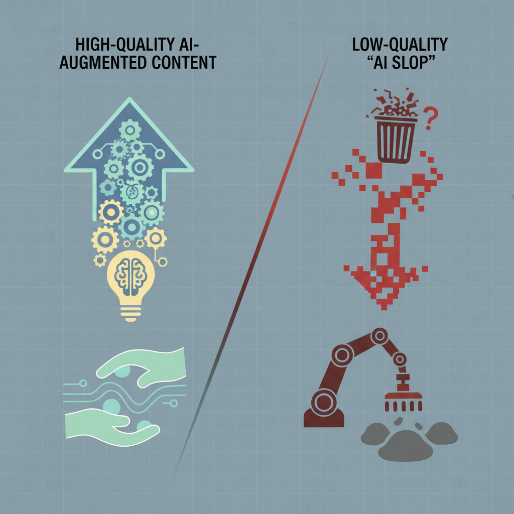 A clean infographic differentiating between high-quality AI-augmented content and low-quality 'AI slop', using icons and minimal visual elements to represent intention and effort, modern layout, textured background, no text, aspect_ratio: 1:1