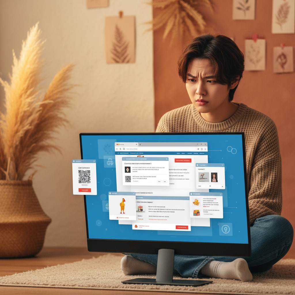 lifestyle photography, warm lighting, natural setting, A Korean person looking puzzled at a computer screen where an AI browser is attempting to complete an online shopping task but is struggling with pop-ups or incorrect product selections. The screen shows e-commerce elements. Warm, textured background, bright lighting, centered focus, no text.