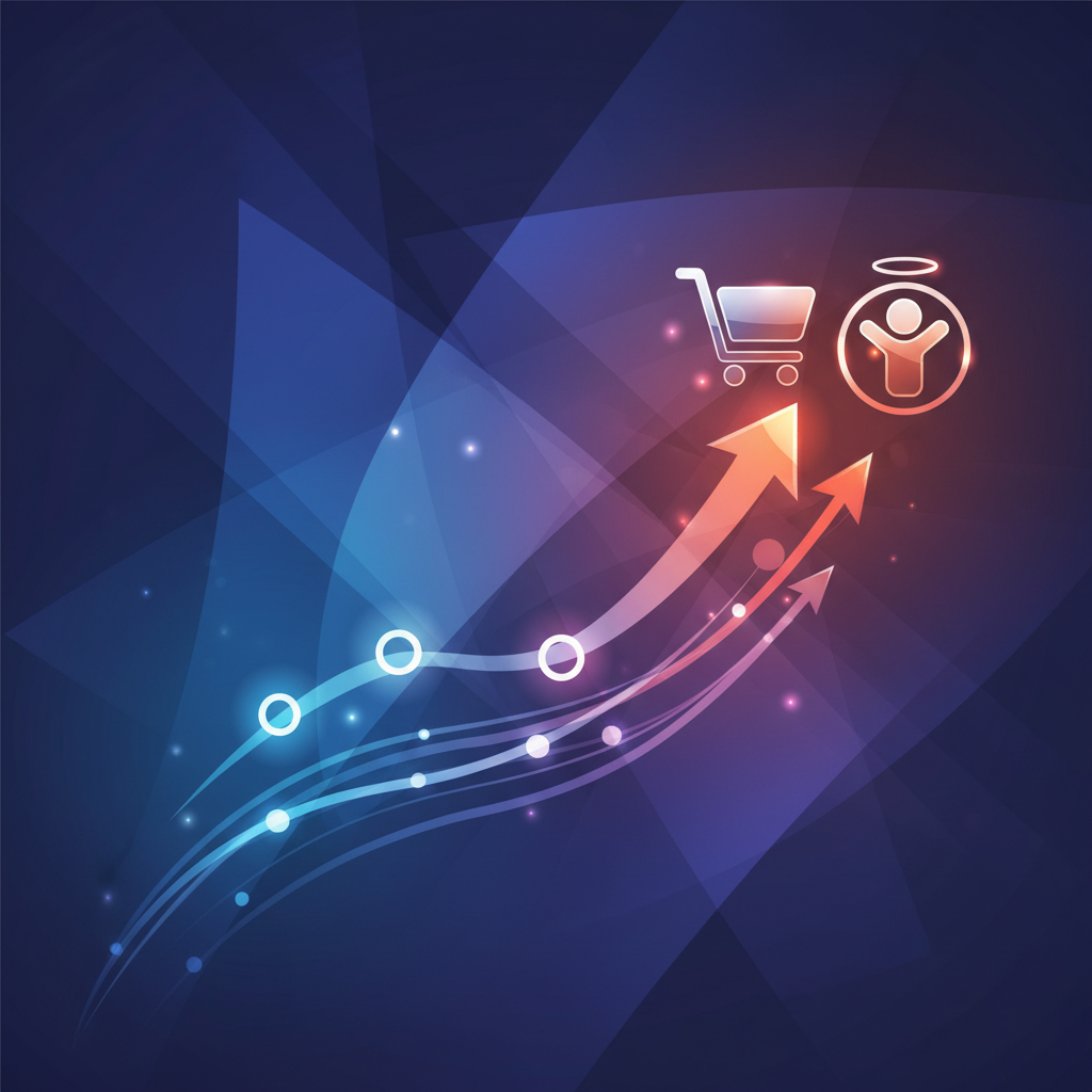 A modern infographic showing a upward-trending graph or dynamic flow lines representing increased AI traffic to retail websites, with a shopping cart icon and a happy customer icon indicating higher purchase probability. Background with geometric shapes and soft lighting. Style: clean infographic, modern layout, high contrast. No visible text in image. Colored background.
