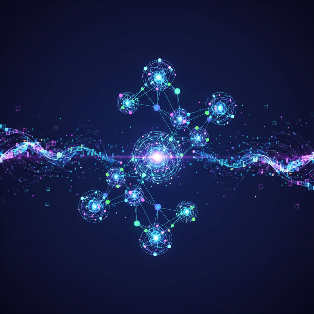 Clean infographic showing abstract concept of AI learning and evolving, with glowing neural networks and data streams. Style: modern layout, high contrast. Background: deep blue gradient. No visible text in image. Korean appearance for people if any, but preferably abstract to avoid figures.