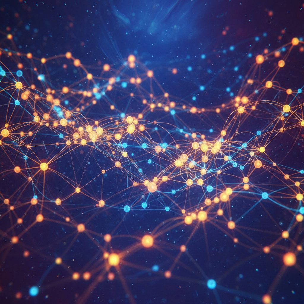A vibrant abstract illustration representing the dynamic AI startup investment landscape, with interconnected nodes and glowing lines, textured deep blue and purple background, no text