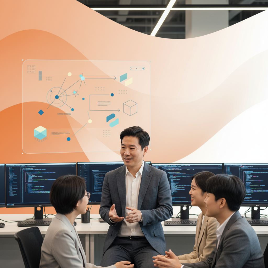 Alex LeBrun discussing with his team in a dynamic AI startup office, clean infographic, modern layout, high contrast, warm lighting, orange and white gradient background, Korean appearance, natural expression, centered focus, 4:3 aspect ratio, no text