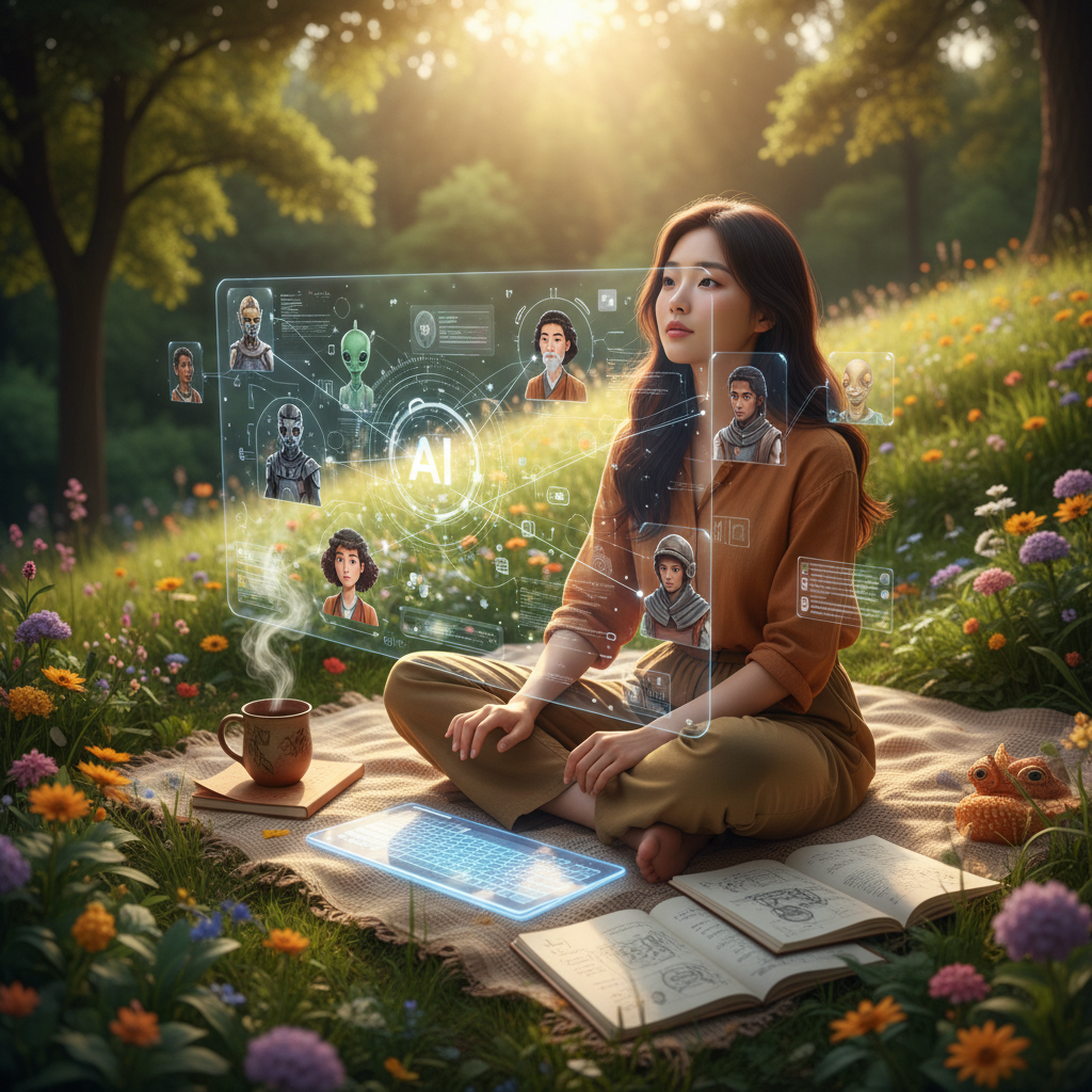 An imaginative scene of a Korean individual using AI to craft new narratives with diverse characters, emphasizing creative flow and innovation, lifestyle photography, warm lighting, natural setting, no text