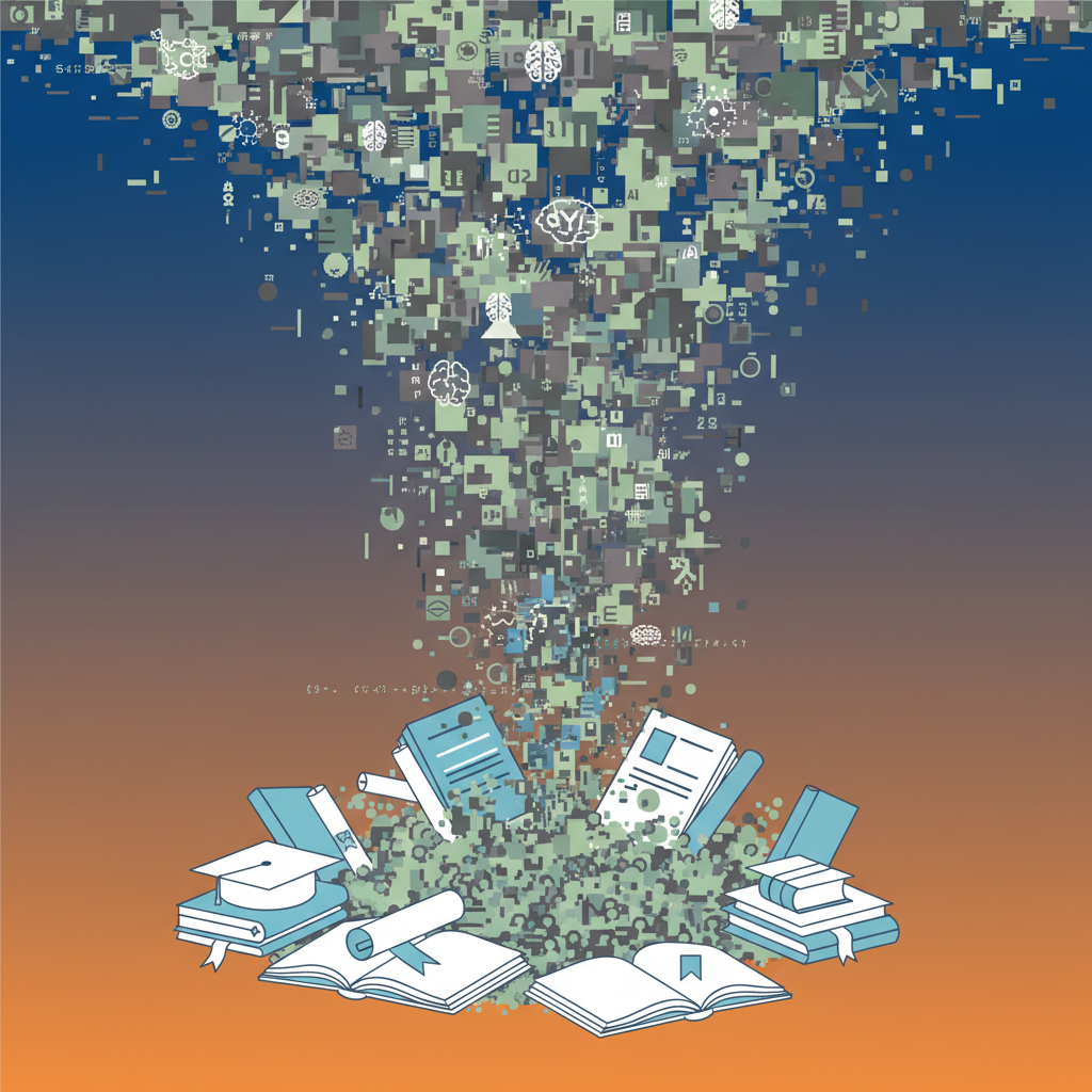 Clean infographic illustrating a digital flood of low-quality, AI-generated content engulfing academic papers and research documents, symbolizing the 'slop problem' in scholarly work. High contrast, modern layout, gradient background, no text.