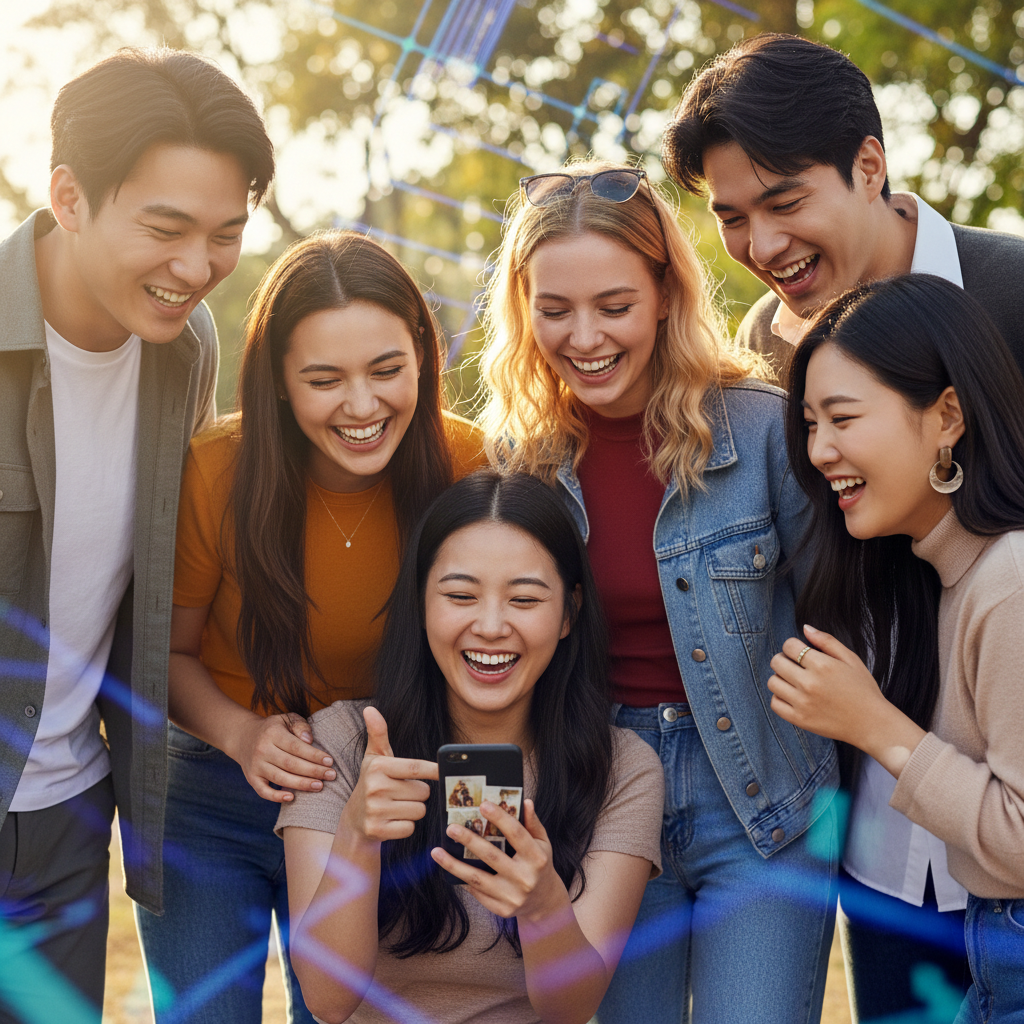 A group of diverse Korean friends laughing and looking at photos on a phone together, symbolizing real social connection. In the background, a subtle, abstract representation of AI-generated content (blurred digital patterns). Lifestyle photography, warm outdoor lighting, vibrant colors, no text.