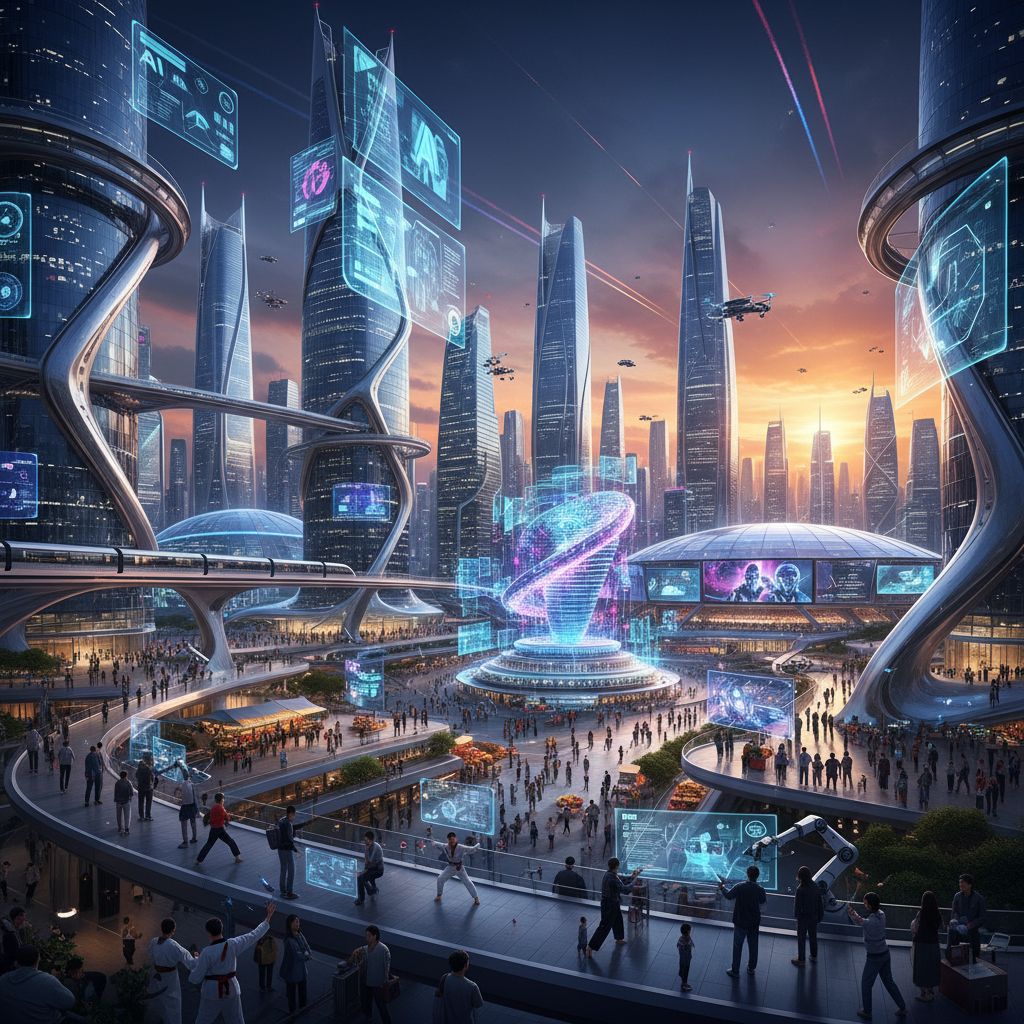 A panoramic view of a futuristic city with advanced AI infrastructure, juxtaposed with diverse groups of people (Korean appearance) engaging in various activities, symbolizing the integration of AI into everyday life and global competition, rich colored background, dynamic composition, no visible text.