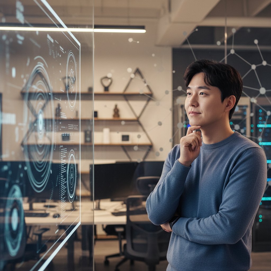 A thoughtful Korean person looking at a digital screen displaying AI-related news, a worried but hopeful expression, warm lighting, office background with subtle tech elements, no text, lifestyle photography.