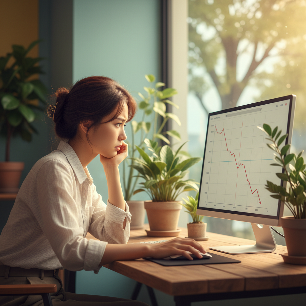A thoughtful Korean content creator looking at a computer screen showing declining website traffic, warm lighting, natural setting, lifestyle photography, colored background, no text, 4:3 aspect ratio