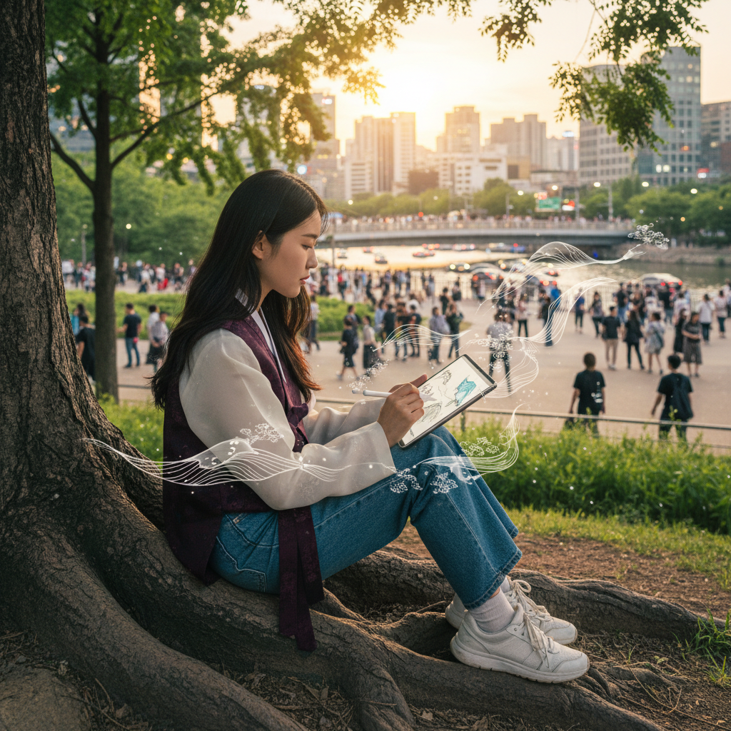 lifestyle photography, warm lighting, natural setting, showing a Korean creator using their unique skills (e.g., drawing, playing music, storytelling) with a subtle digital overlay suggesting AI tools, emphasizing creativity and authenticity, on a bustling city background. No visible text.