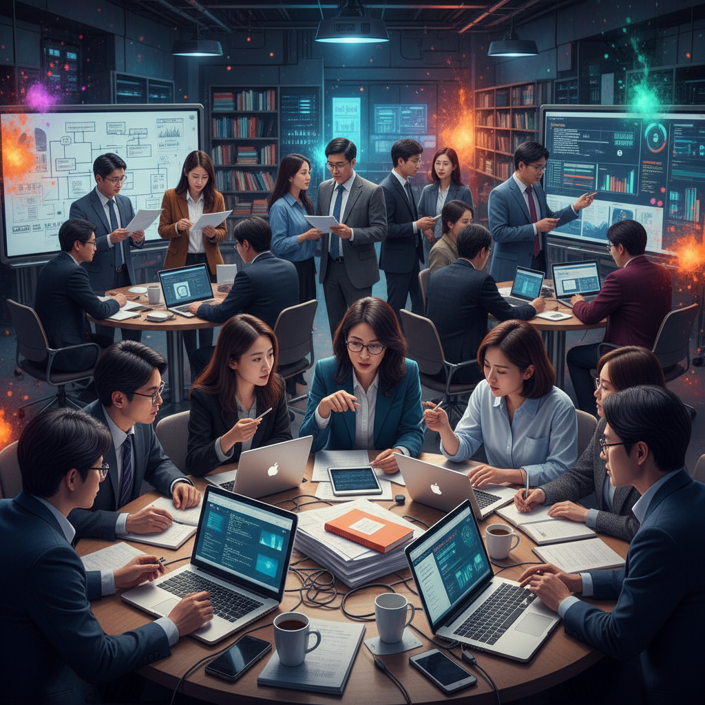 A vibrant scene depicting a diverse group of Korean researchers and academics actively collaborating, discussing, and sifting through information with focused expressions, symbolizing collective effort to maintain academic integrity against AI-generated content. Centered focus, visually rich, colored background, no text.