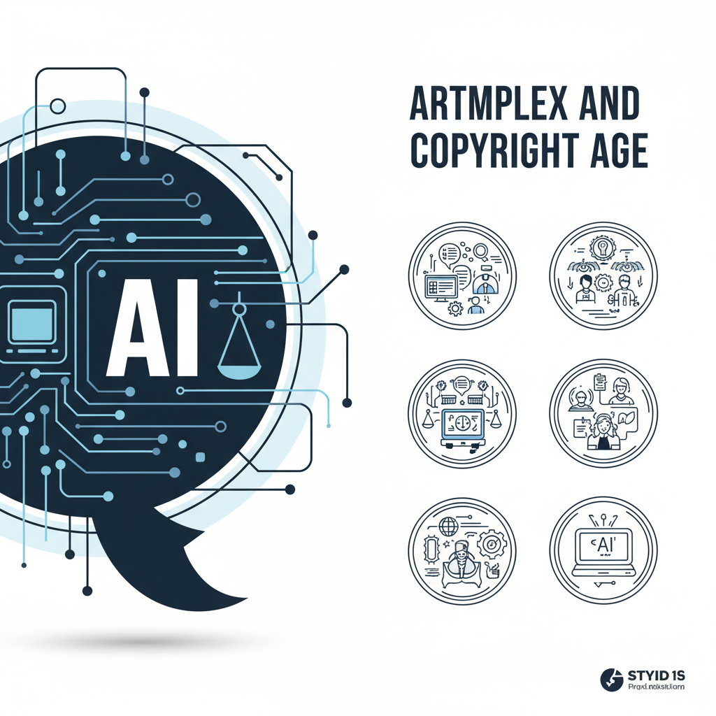 Modern infographic illustrating the complex legal issues surrounding AI and copyright in a digital age, with symbols for intellectual property and artificial intelligence converging. High contrast, clean design, no text.