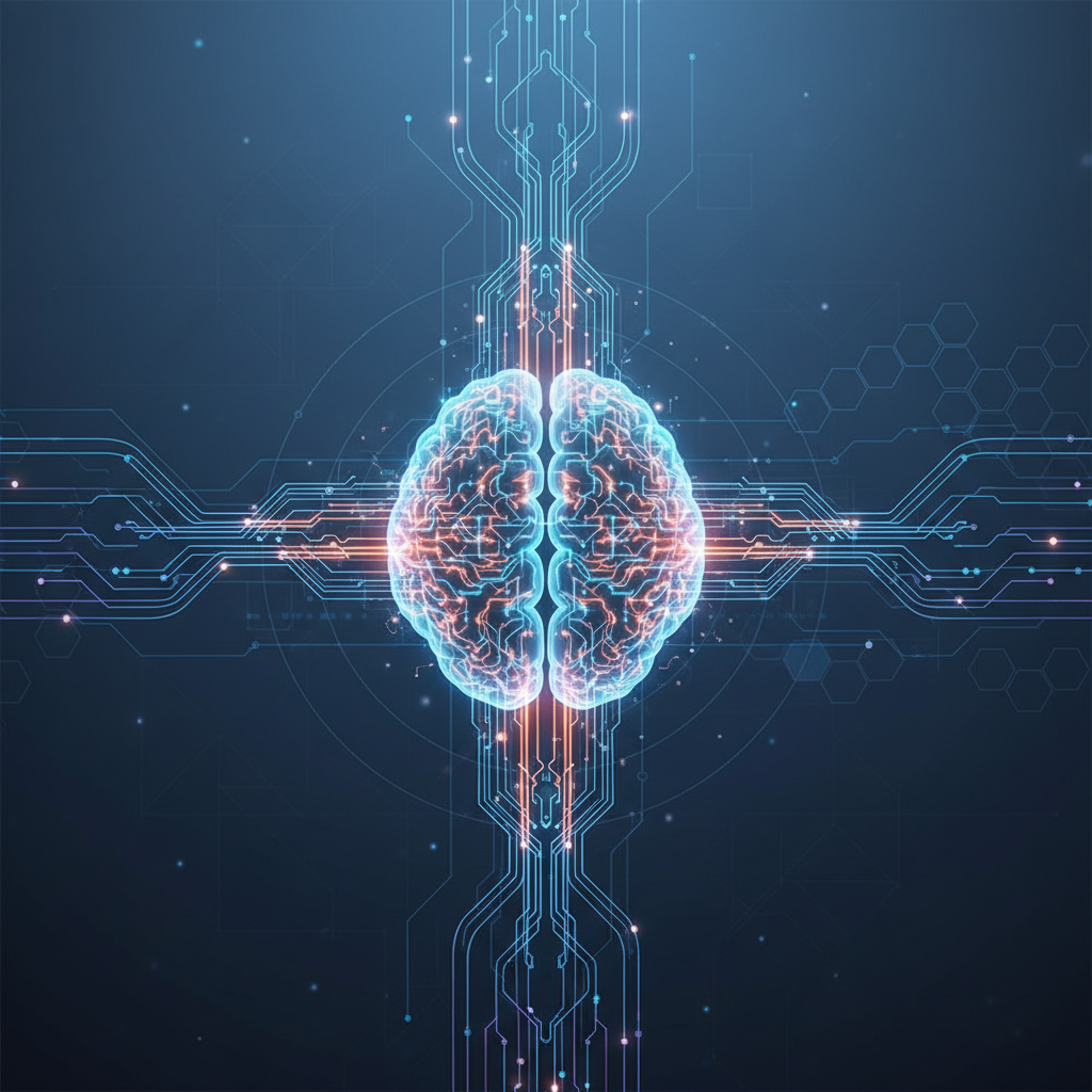 Clean infographic, modern layout, high contrast. A conceptual image depicting data streams flowing into a glowing, intricate brain-like structure, symbolizing AI processing and its computational demands. Subtle energy lines emanate from the structure. Bright, balanced lighting, textured background. No visible text.