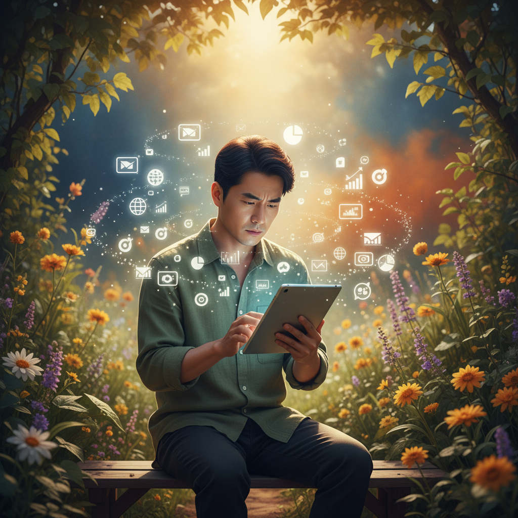 A person (Korean appearance) thoughtfully examining information on a tablet, surrounded by floating icons representing various news sources and data points. Lifestyle photography, natural setting, warm lighting, colored background, no text.