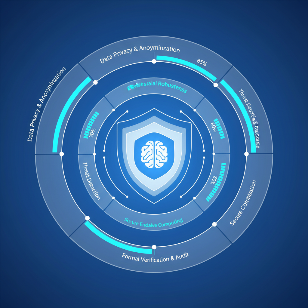 An abstract, clean infographic showing layers of security protecting an AI system, with progress indicators for safety enhancements, modern layout, high contrast, gradient blue background, no text, 1:1