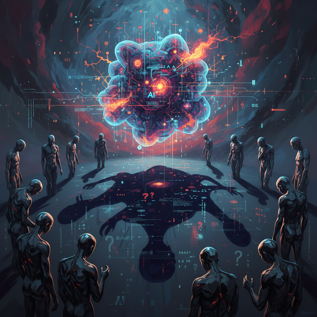 A conceptual illustration depicting a complex, abstract AI system with glowing neural networks, casting a long, uncertain shadow over human figures, symbolizing the potential risks and ethical dilemmas of advanced AI. Darker, reflective tones, artistic rendering style.
