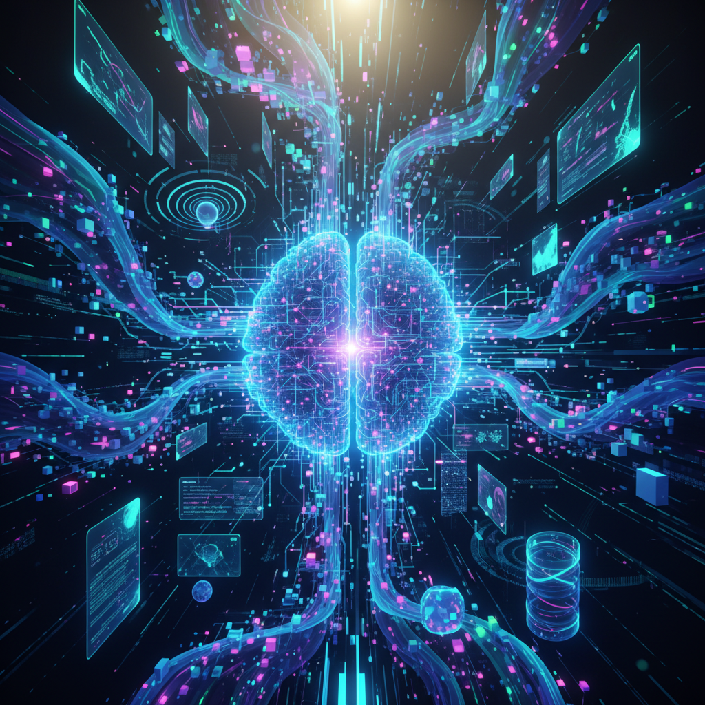 Abstract visual representation of future AI technology and innovation, with glowing neural networks, evolving data streams, and interconnected digital elements. Bright, balanced lighting, futuristic color scheme. Style: illustration. No visible text. No Korean characters.