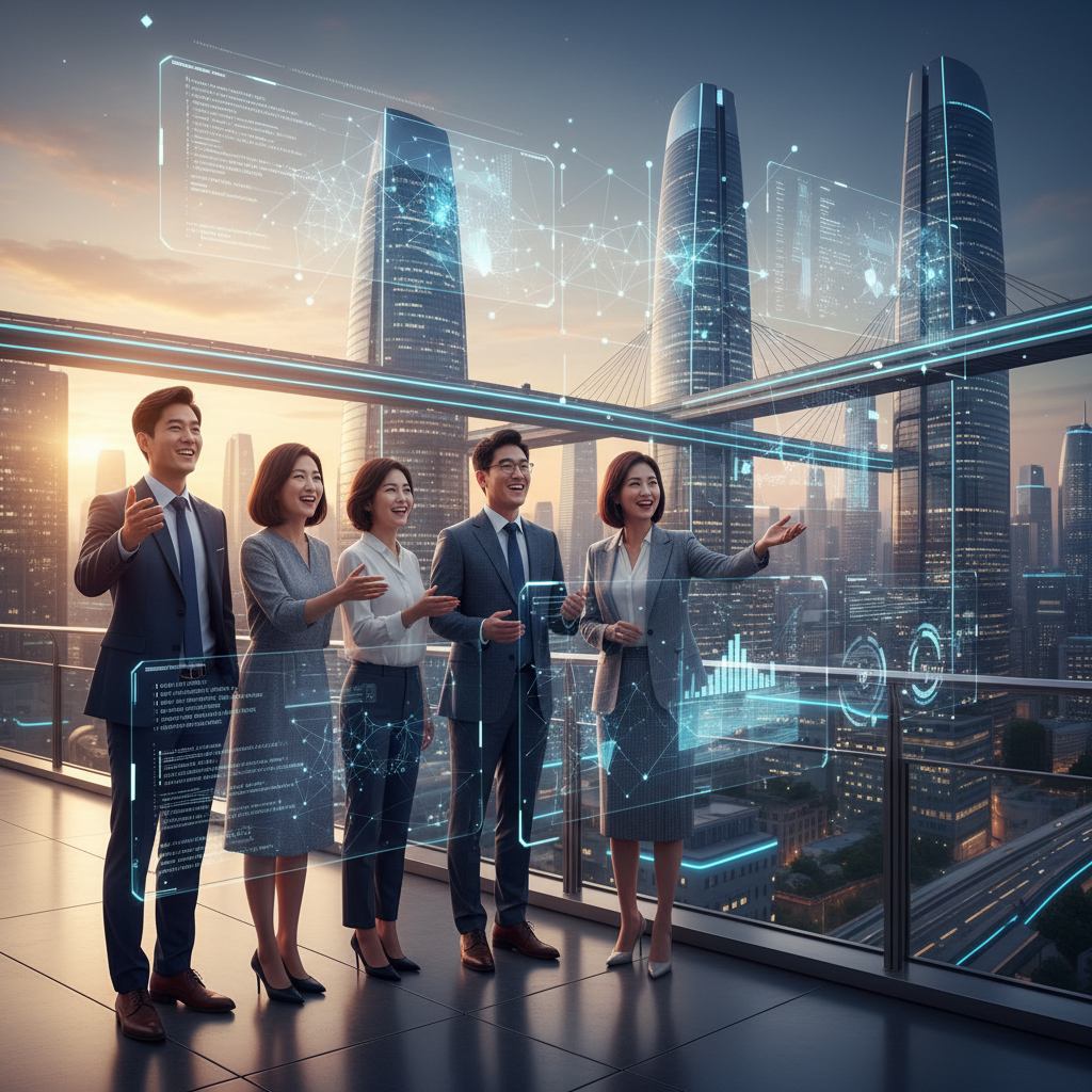 A diverse group of Korean business people looking optimistically at a futuristic city skyline with digital overlays, symbolizing AI innovation and growth. Emphasize a forward-looking, hopeful atmosphere. Vibrant colors, clean composition, natural lighting, no text, no visible text in image.