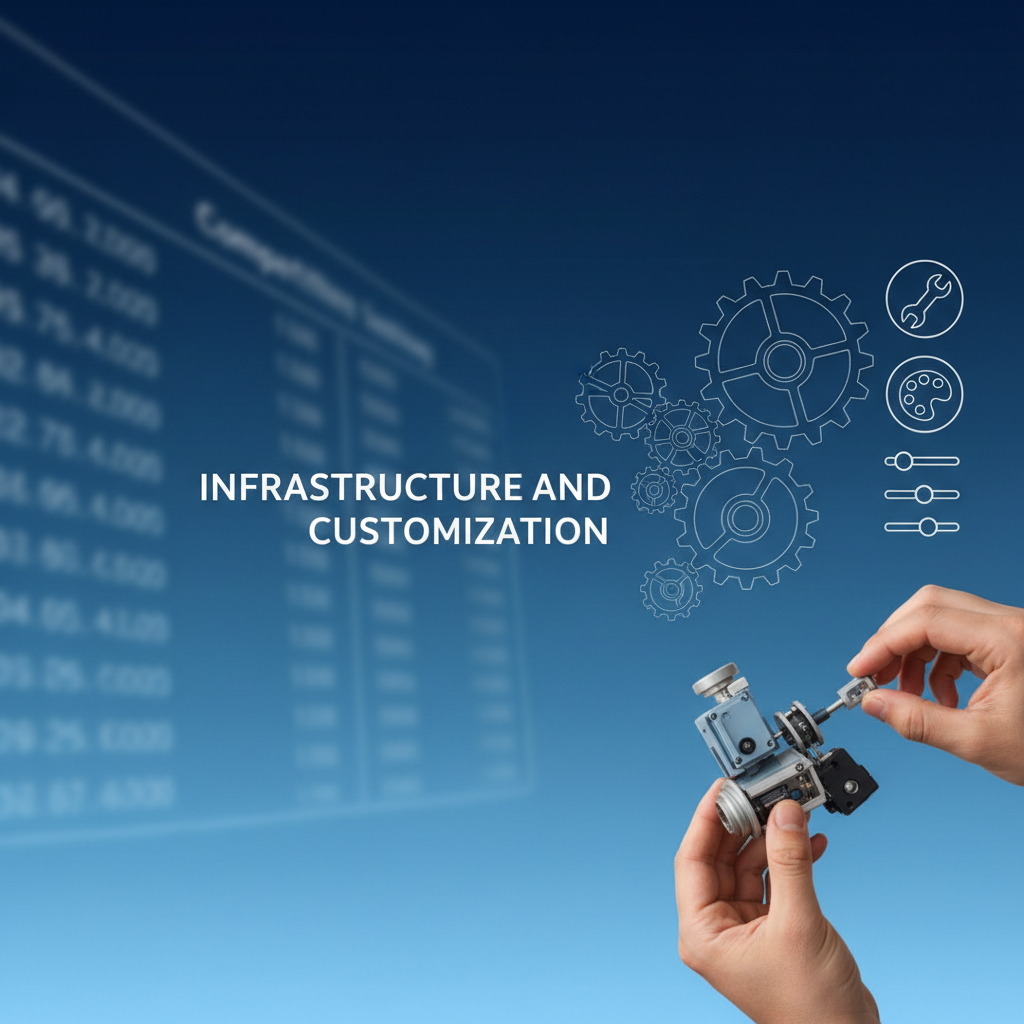 A conceptual infographic showing a shift in focus. On one side, a blurred, competitive leaderboard. On the other, a sharp, clear image of gears, customization options, and hands building bespoke solutions, representing "infrastructure and customization." The background is a calm, deep blue gradient. No text.