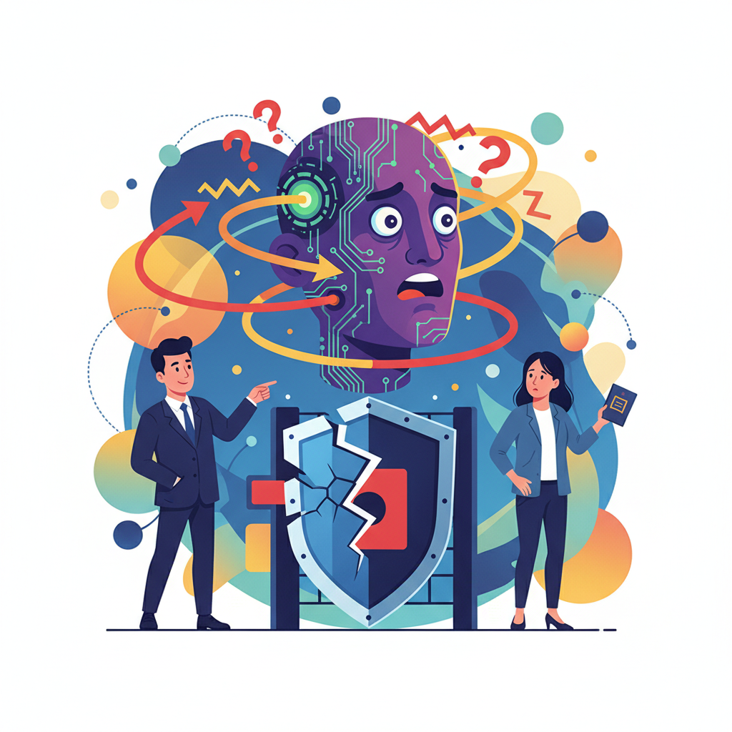 clean infographic, modern layout, high contrast, depicting a broken shield or a bypassed security gate, with a stylized AI head looking confused or exploited by a tricky sentence structure. The image conveys the idea of safety rules being circumvented. Korean appearance figures, natural expression. No visible text in image. Never use Korean characters. Colorful, abstract background.