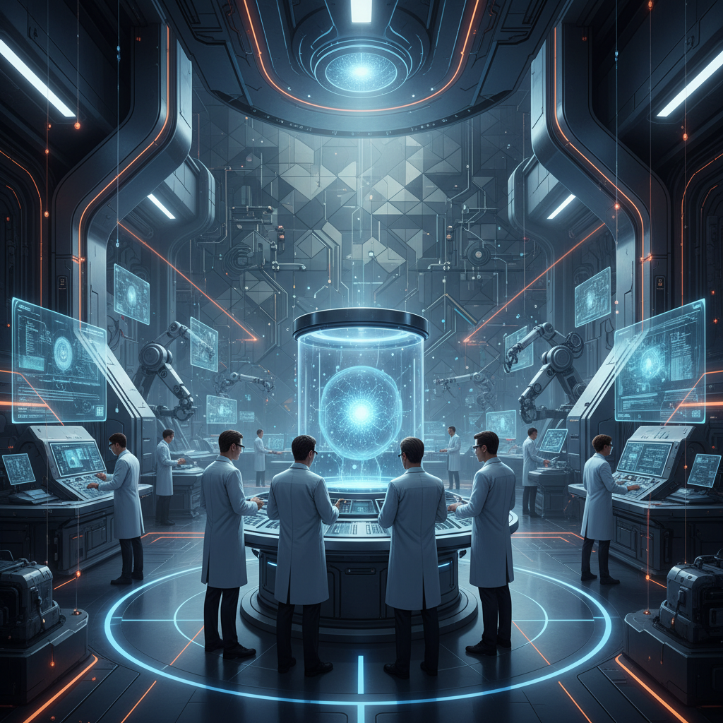 A clean, futuristic illustration of a research facility or laboratory, featuring scientists and advanced technology, symbolizing an AI Safety Institute. The focus is on security, innovation, and expertise in a professional, high-tech environment with a textured background. No text.