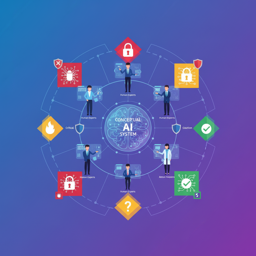 A clean infographic showing a conceptual AI system being tested and monitored by human experts, with various safety protocols indicated, modern layout, high contrast, colored background, no text.